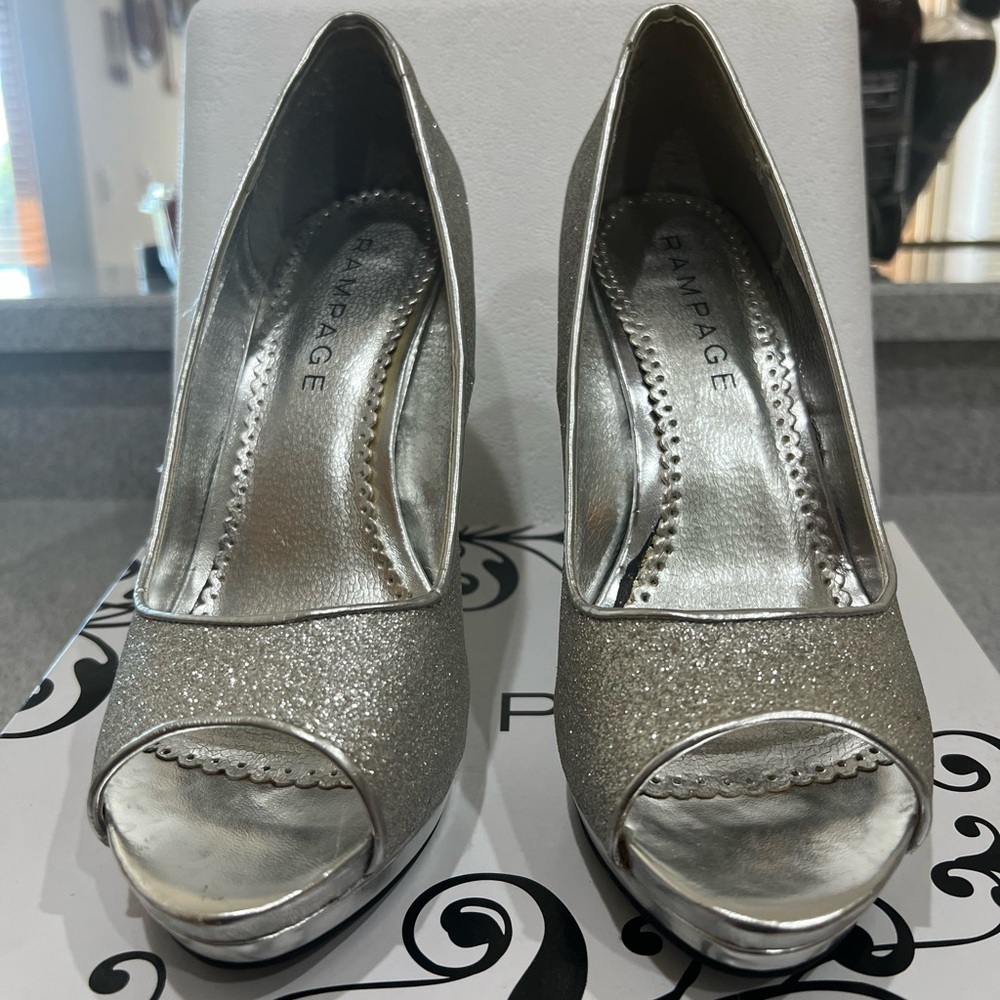 Rampage Shimmering Silver Peep-Toe Heels